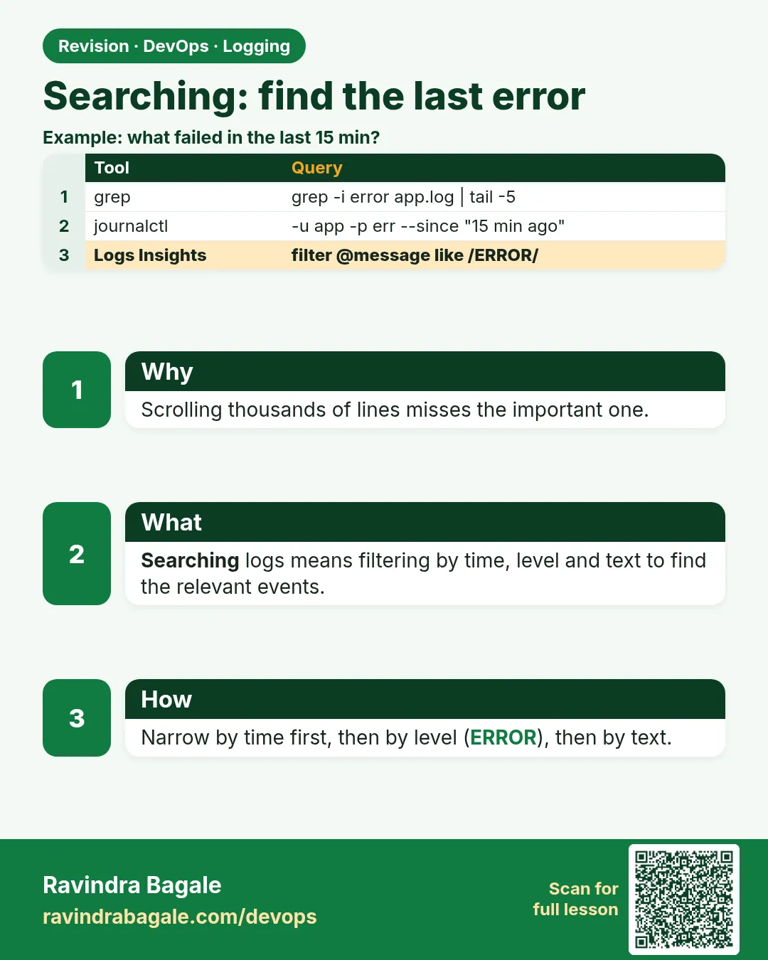 Searching: find the last error. Scrolling thousands of lines misses the important one.