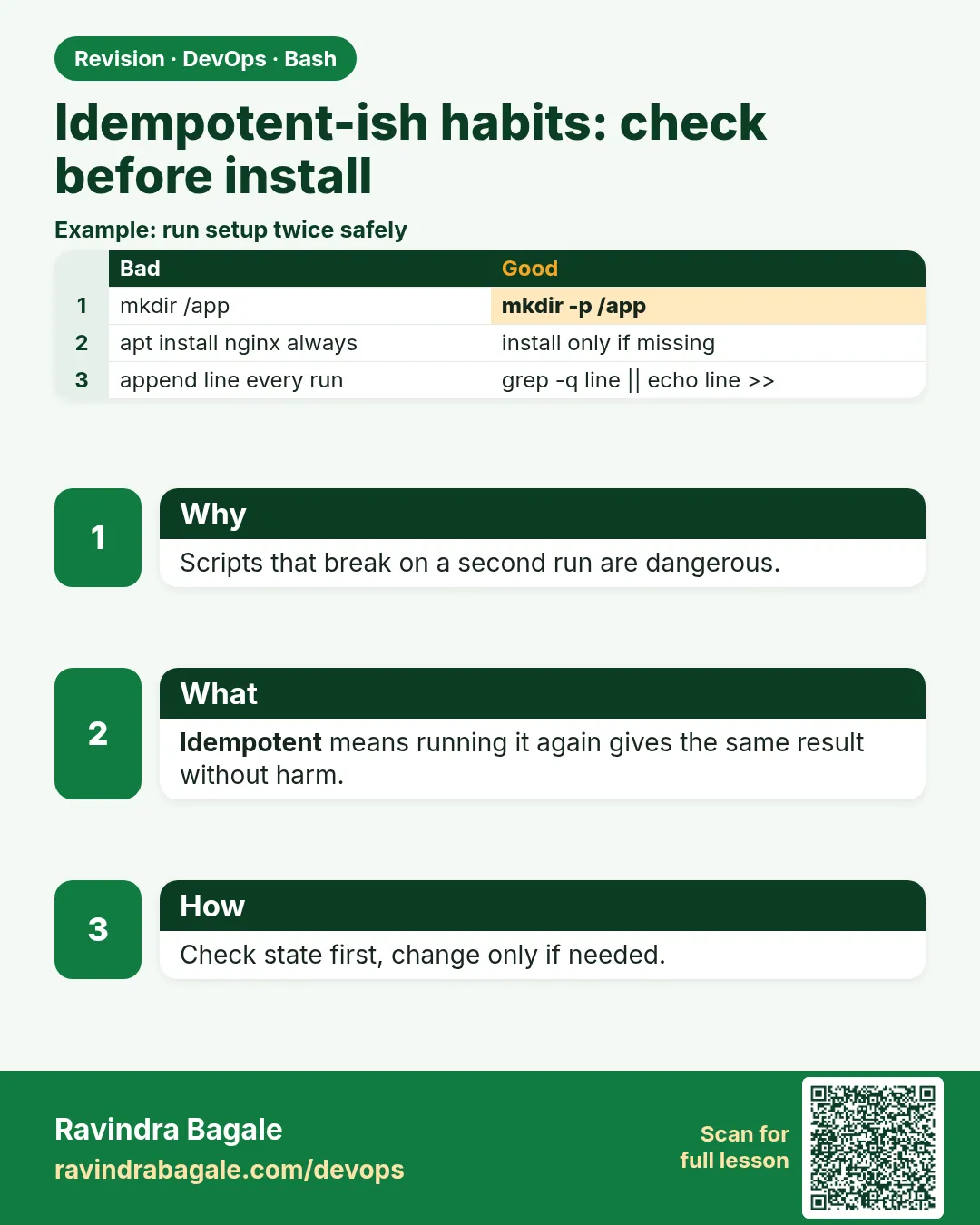 Idempotent-ish habits: check before install. Scripts that break on a second run are dangerous.