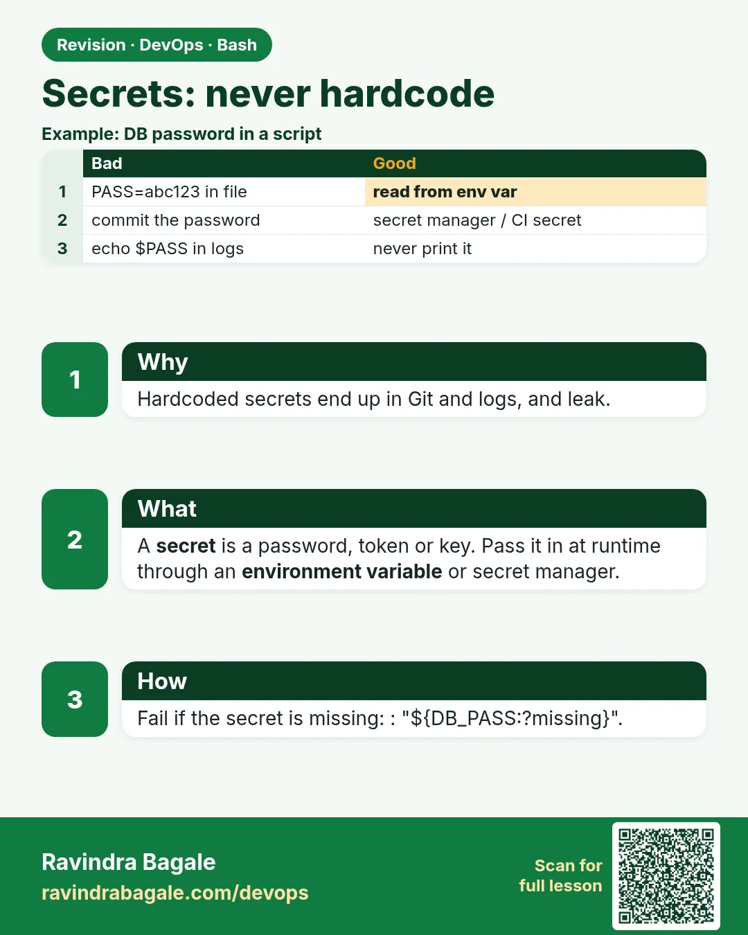 Secrets: never hardcode. Hardcoded secrets end up in Git and logs, and leak.