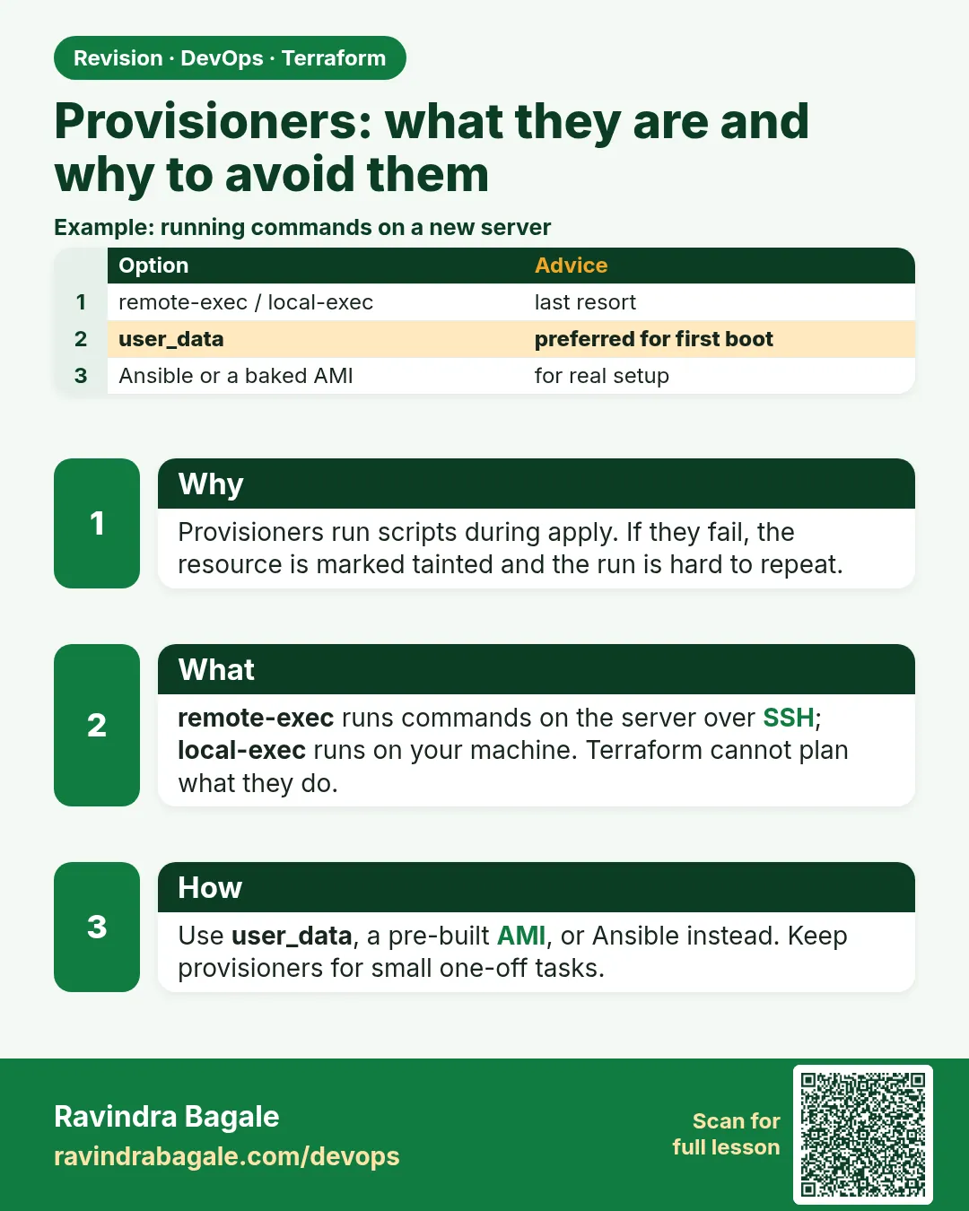 Provisioners: what they are and why to avoid them. Provisioners run scripts during apply. If they fail, the resource is marked tainted and the run is hard to repeat.
