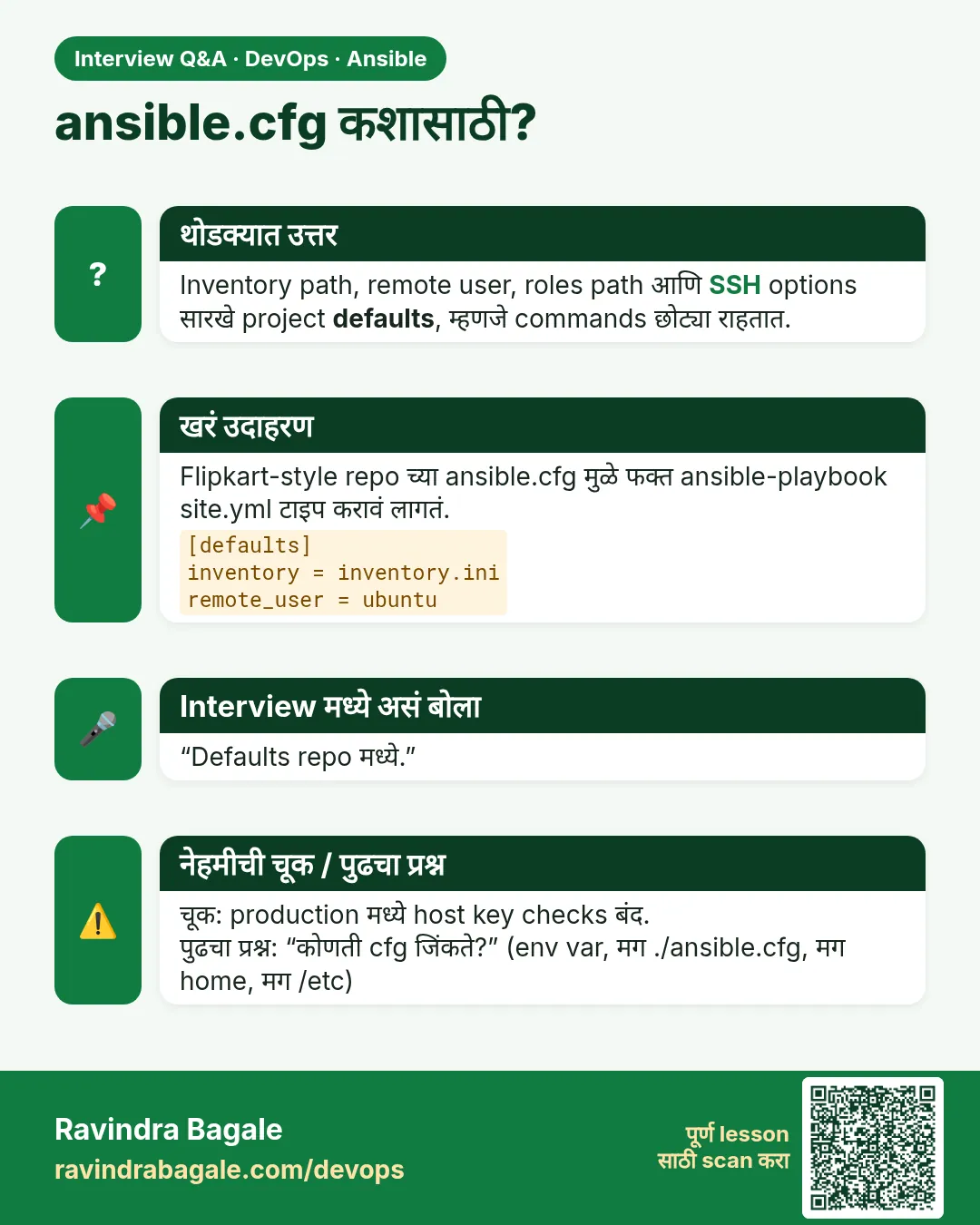 ansible.cfg कशासाठी? Inventory path, remote user, roles path आणि SSH options सारखे project defaults, म्हणजे commands छोट्या राहतात.