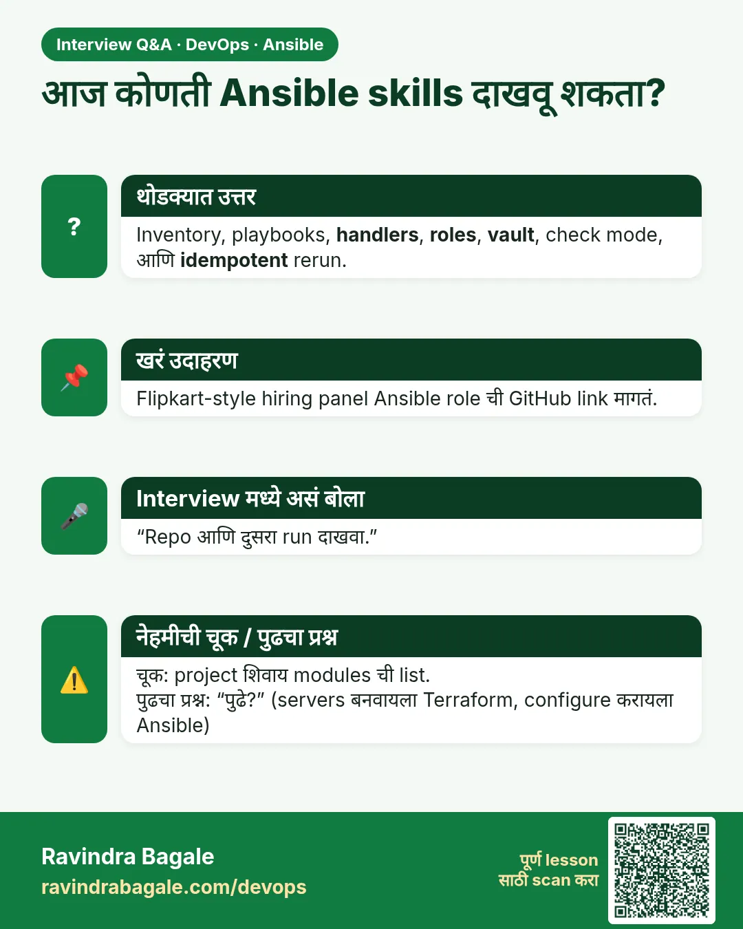 आज कोणती Ansible skills दाखवू शकता? Inventory, playbooks, handlers, roles, vault, check mode, आणि idempotent rerun.