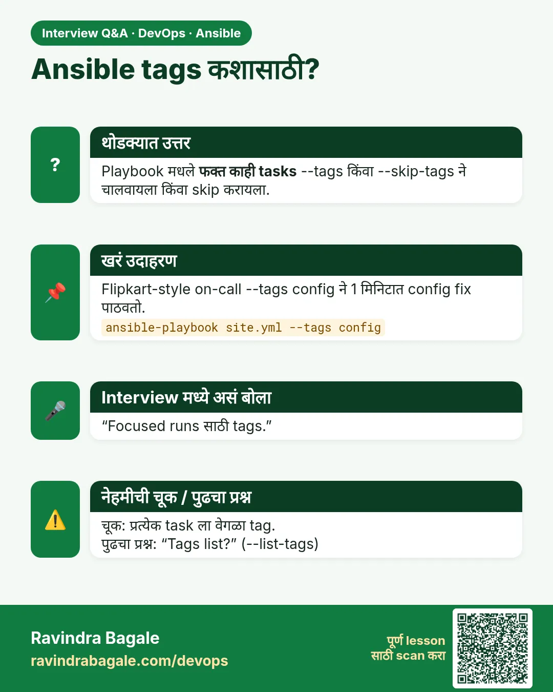 Ansible tags कशासाठी? Playbook मधले फक्त काही tasks --tags किंवा --skip-tags ने चालवायला किंवा skip करायला.