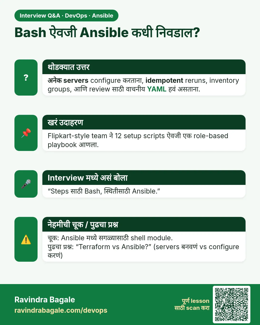 Bash ऐवजी Ansible कधी निवडाल? अनेक servers configure करताना, idempotent reruns, inventory groups, आणि review साठी वाचनीय YAML हवं असताना.
