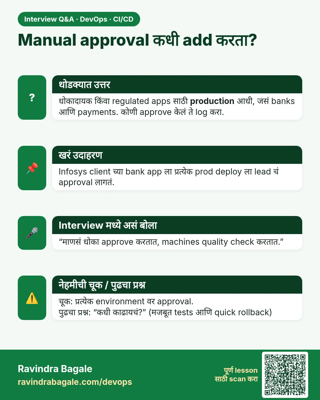 Manual approval कधी add करता? धोकादायक किंवा regulated apps साठी production आधी, जसं banks आणि payments. कोणी approve केलं ते log करा.