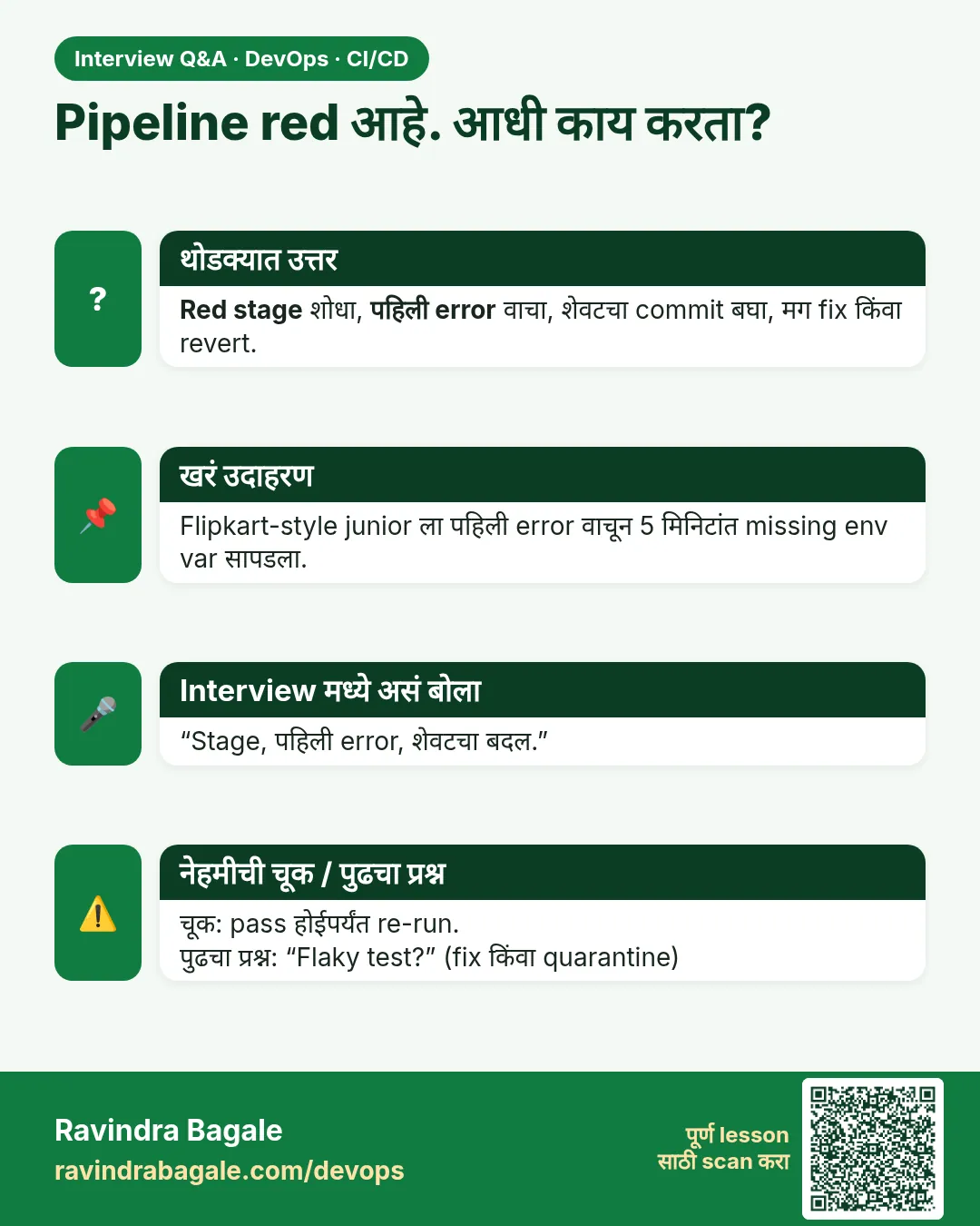 Pipeline red आहे. आधी काय करता? Red stage शोधा, पहिली error वाचा, शेवटचा commit बघा, मग fix किंवा revert.