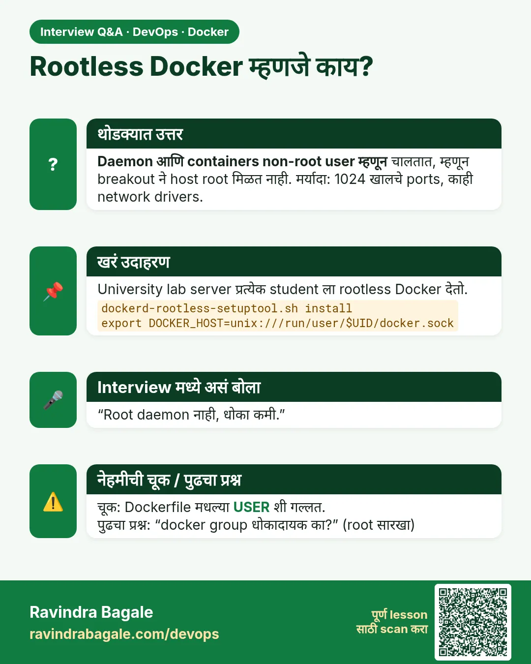 Rootless Docker म्हणजे काय? Daemon आणि containers non-root user म्हणून चालतात, म्हणून breakout ने host root मिळत नाही. मर्यादा: 1024 खालचे ports, काही network drivers.