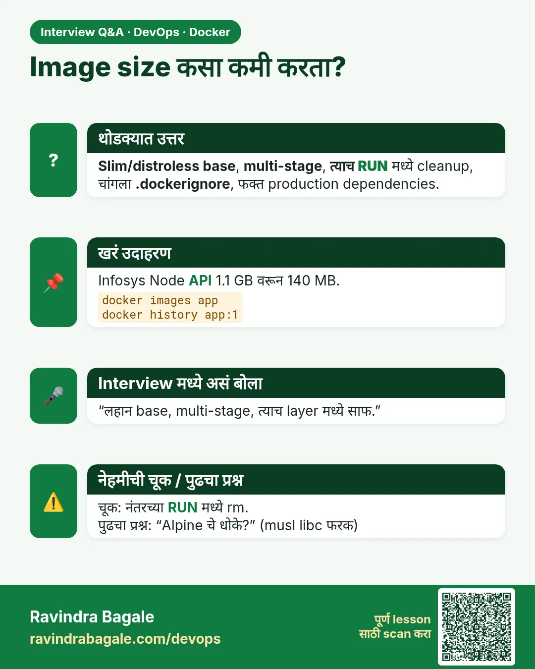 Image size कसा कमी करता? Slim/distroless base, multi-stage, त्याच RUN मध्ये cleanup, चांगला .dockerignore, फक्त production dependencies.
