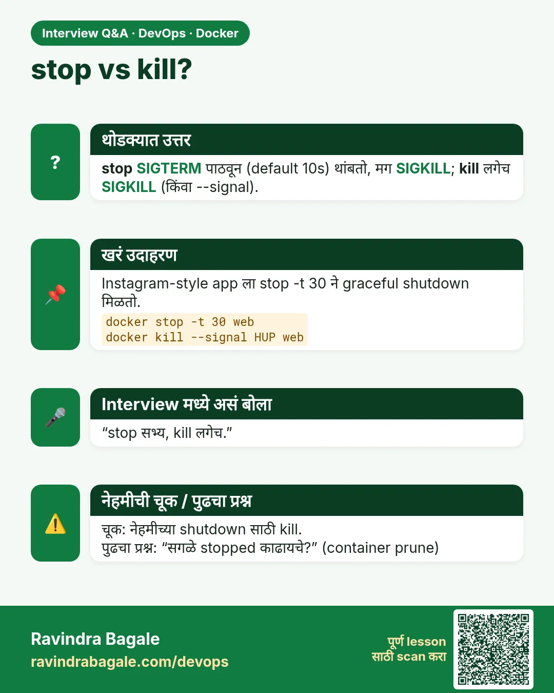 stop vs kill? stop SIGTERM पाठवून (default 10s) थांबतो, मग SIGKILL; kill लगेच SIGKILL (किंवा --signal).