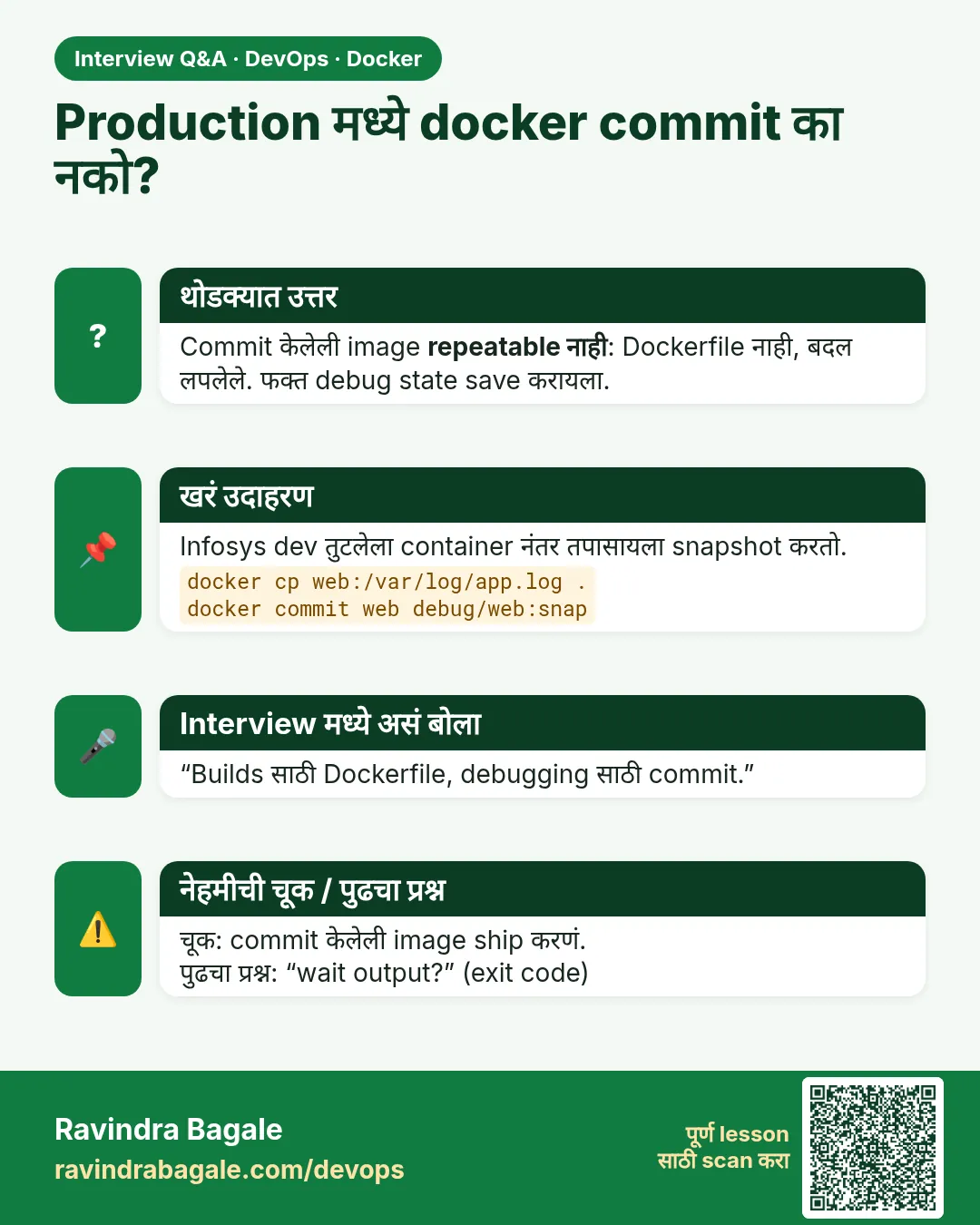 Production मध्ये docker commit का नको? Commit केलेली image repeatable नाही: Dockerfile नाही, बदल लपलेले. फक्त debug state save करायला.