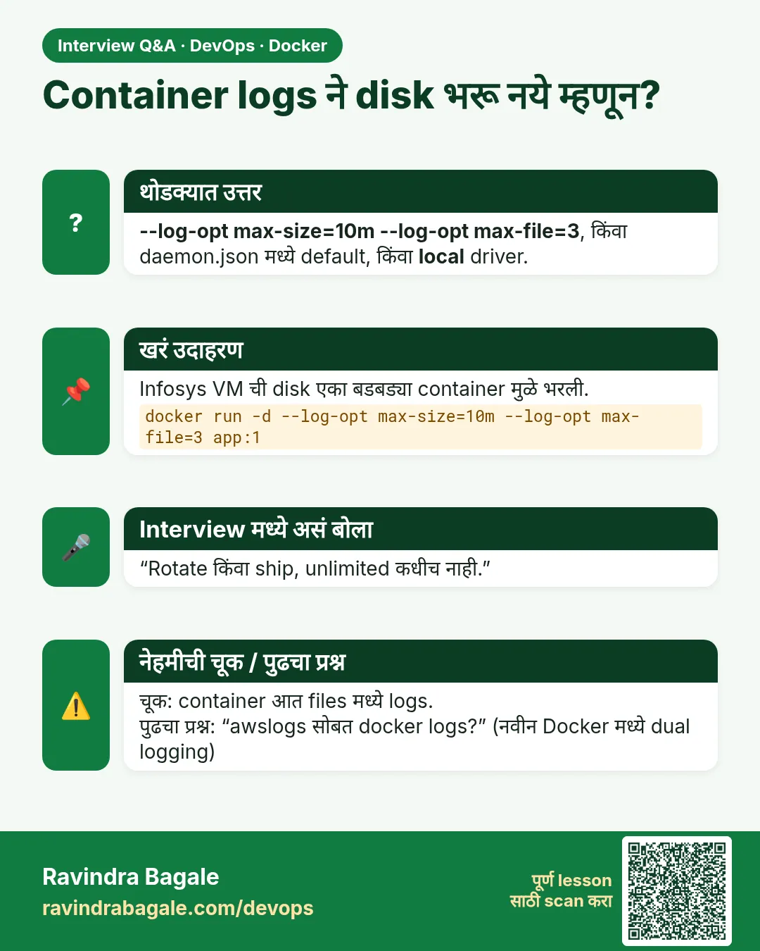Container logs ने disk भरू नये म्हणून? --log-opt max-size=10m --log-opt max-file=3, किंवा daemon.json मध्ये default, किंवा local driver.
