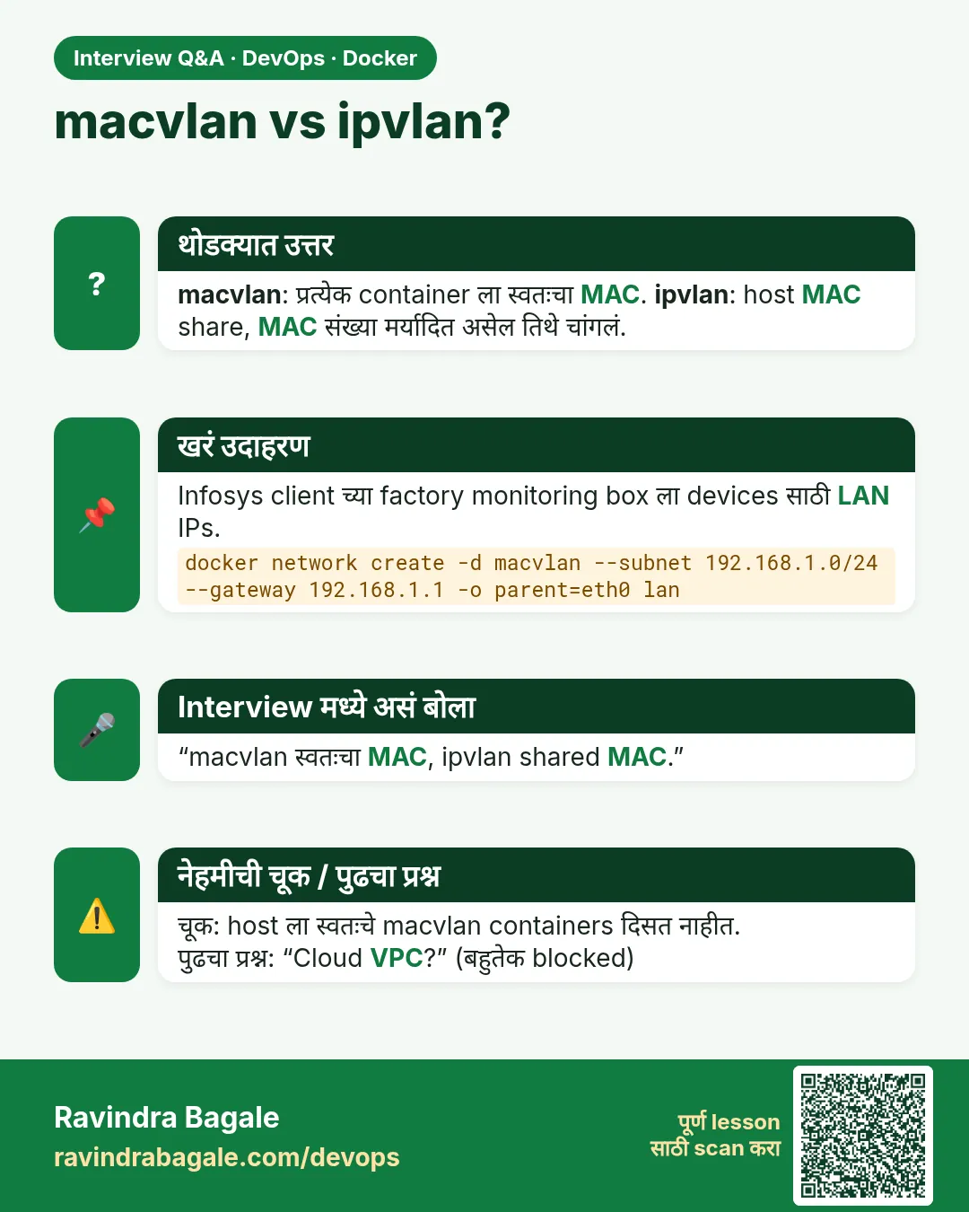 macvlan vs ipvlan? macvlan: प्रत्येक container ला स्वतःचा MAC. ipvlan: host MAC share, MAC संख्या मर्यादित असेल तिथे चांगलं.