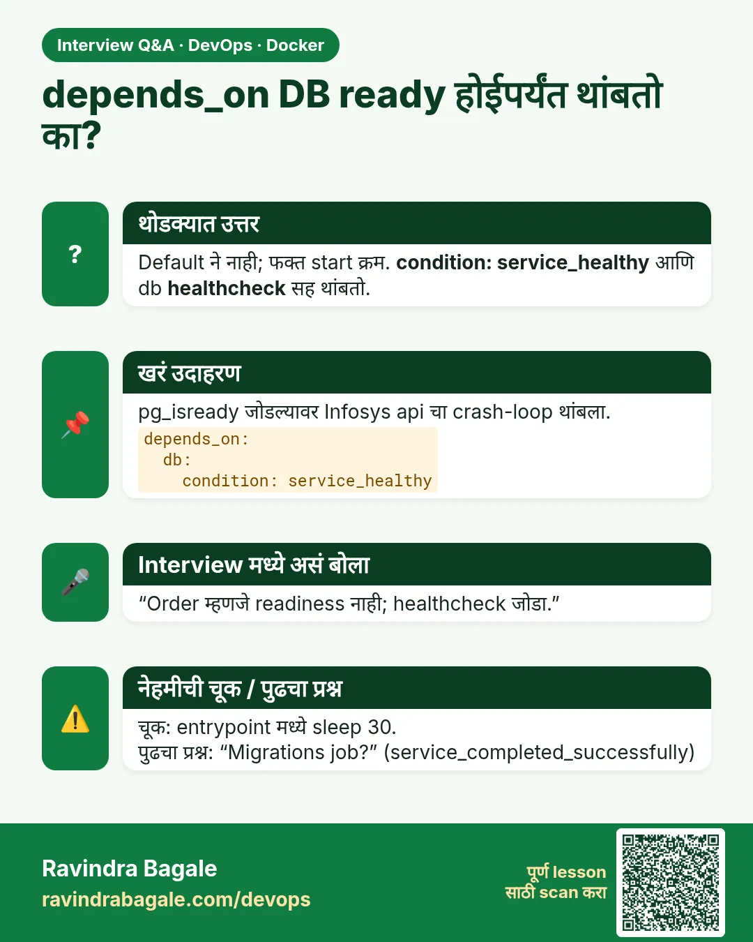 depends_on DB ready होईपर्यंत थांबतो का? Default ने नाही; फक्त start क्रम. condition: service_healthy आणि db healthcheck सह थांबतो.