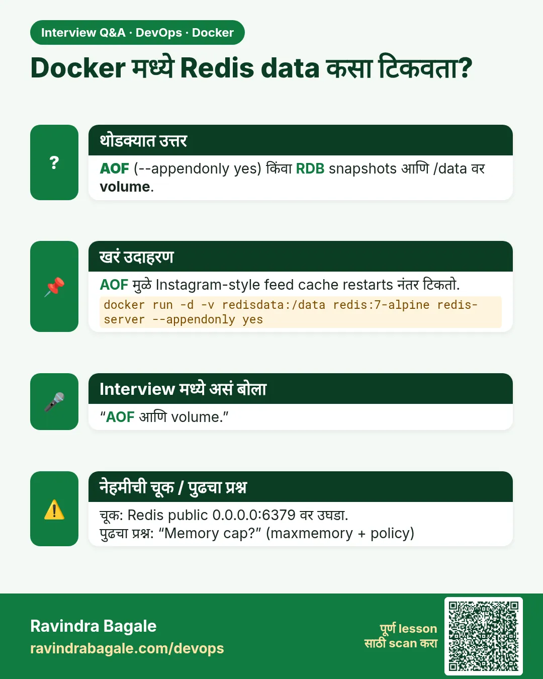 Docker मध्ये Redis data कसा टिकवता? AOF (--appendonly yes) किंवा RDB snapshots आणि /data वर volume.