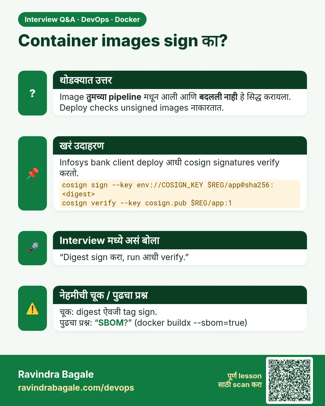 Container images sign का? Image तुमच्या pipeline मधून आली आणि बदलली नाही हे सिद्ध करायला. Deploy checks unsigned images नाकारतात.