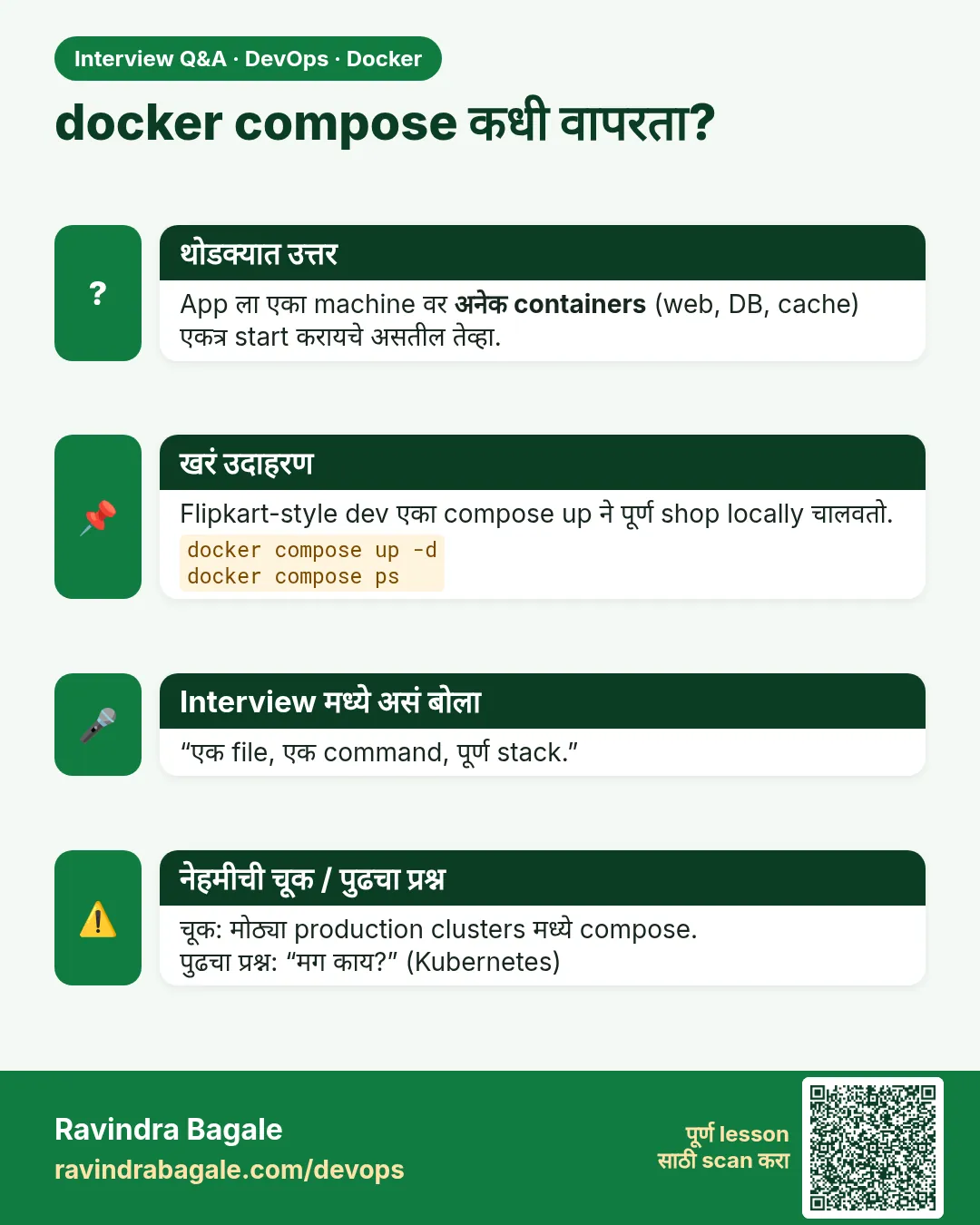 docker compose कधी वापरता? App ला एका machine वर अनेक containers (web, DB, cache) एकत्र start करायचे असतील तेव्हा.