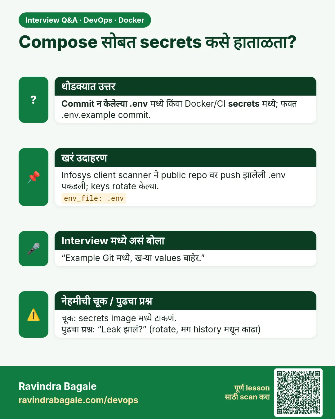 Compose सोबत secrets कसे हाताळता? Commit न केलेल्या .env मध्ये किंवा Docker/CI secrets मध्ये; फक्त .env.example commit.