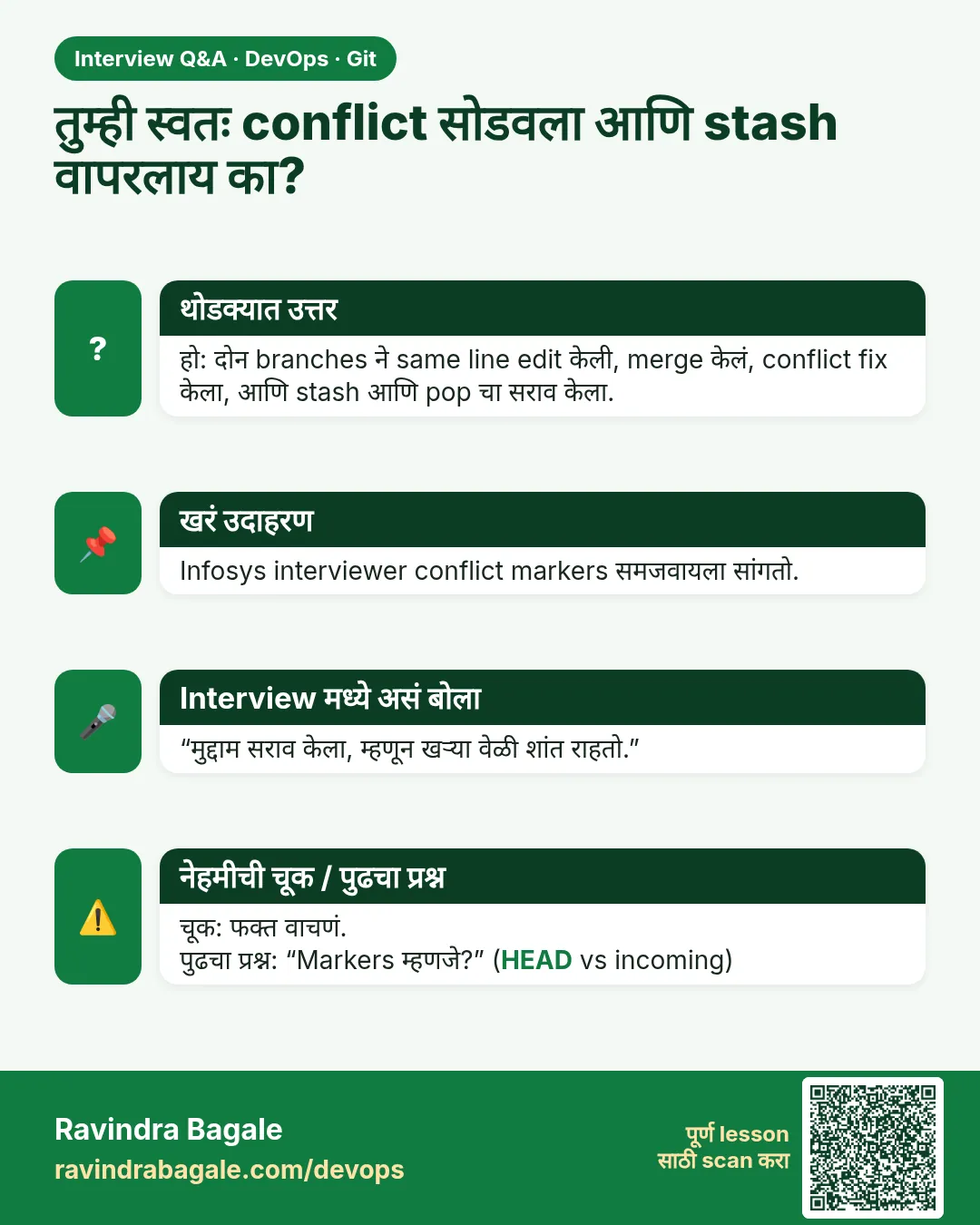 तुम्ही स्वतः conflict सोडवला आणि stash वापरलाय का? हो: दोन branches ने same line edit केली, merge केलं, conflict fix केला, आणि stash आणि pop चा सराव केला.