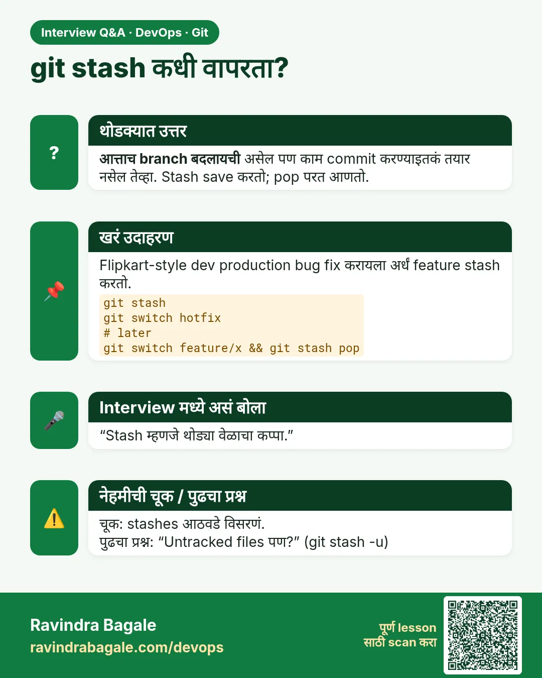 git stash कधी वापरता? आत्ताच branch बदलायची असेल पण काम commit करण्याइतकं तयार नसेल तेव्हा. Stash save करतो; pop परत आणतो.
