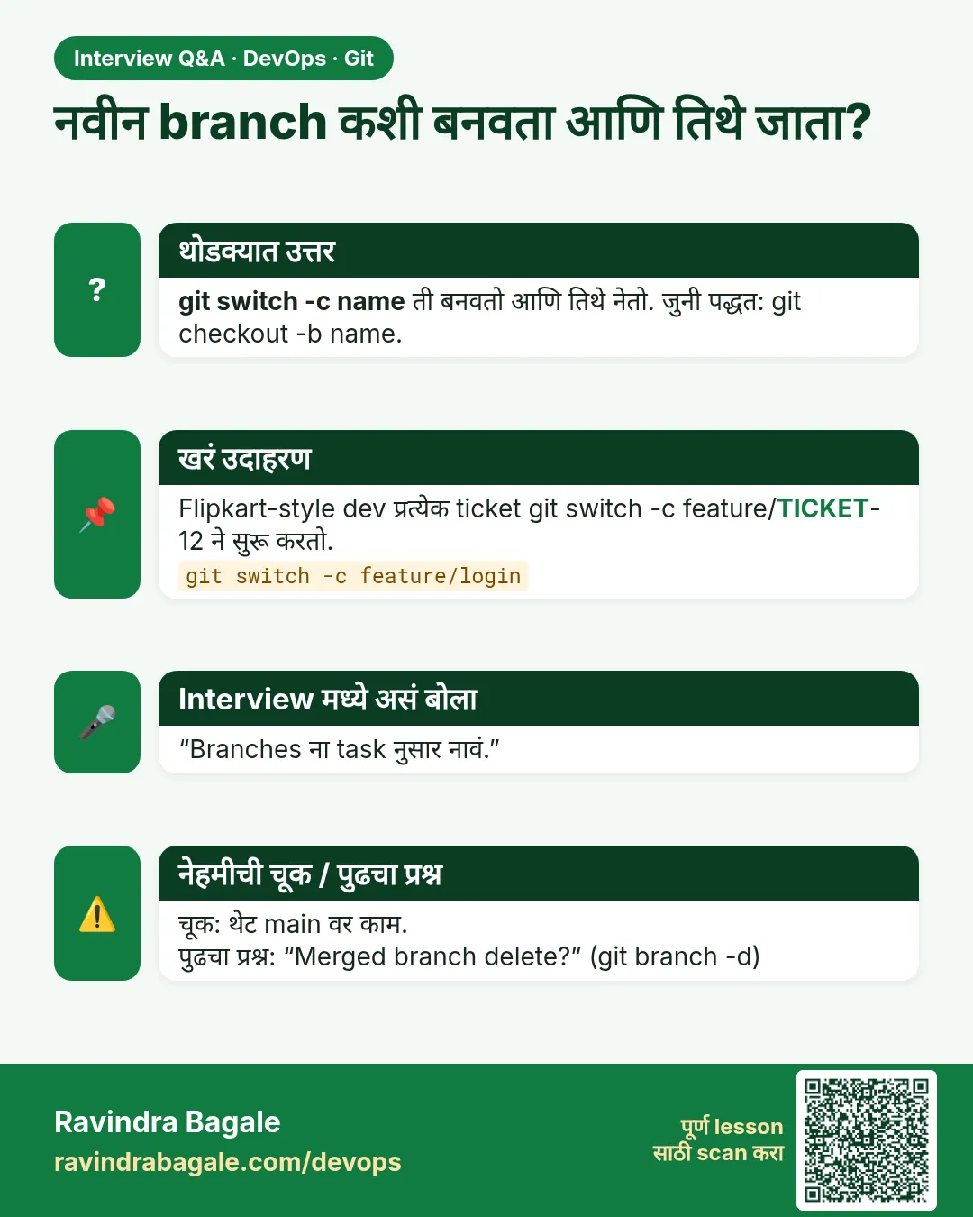 नवीन branch कशी बनवता आणि तिथे जाता? git switch -c name ती बनवतो आणि तिथे नेतो. जुनी पद्धत: git checkout -b name.