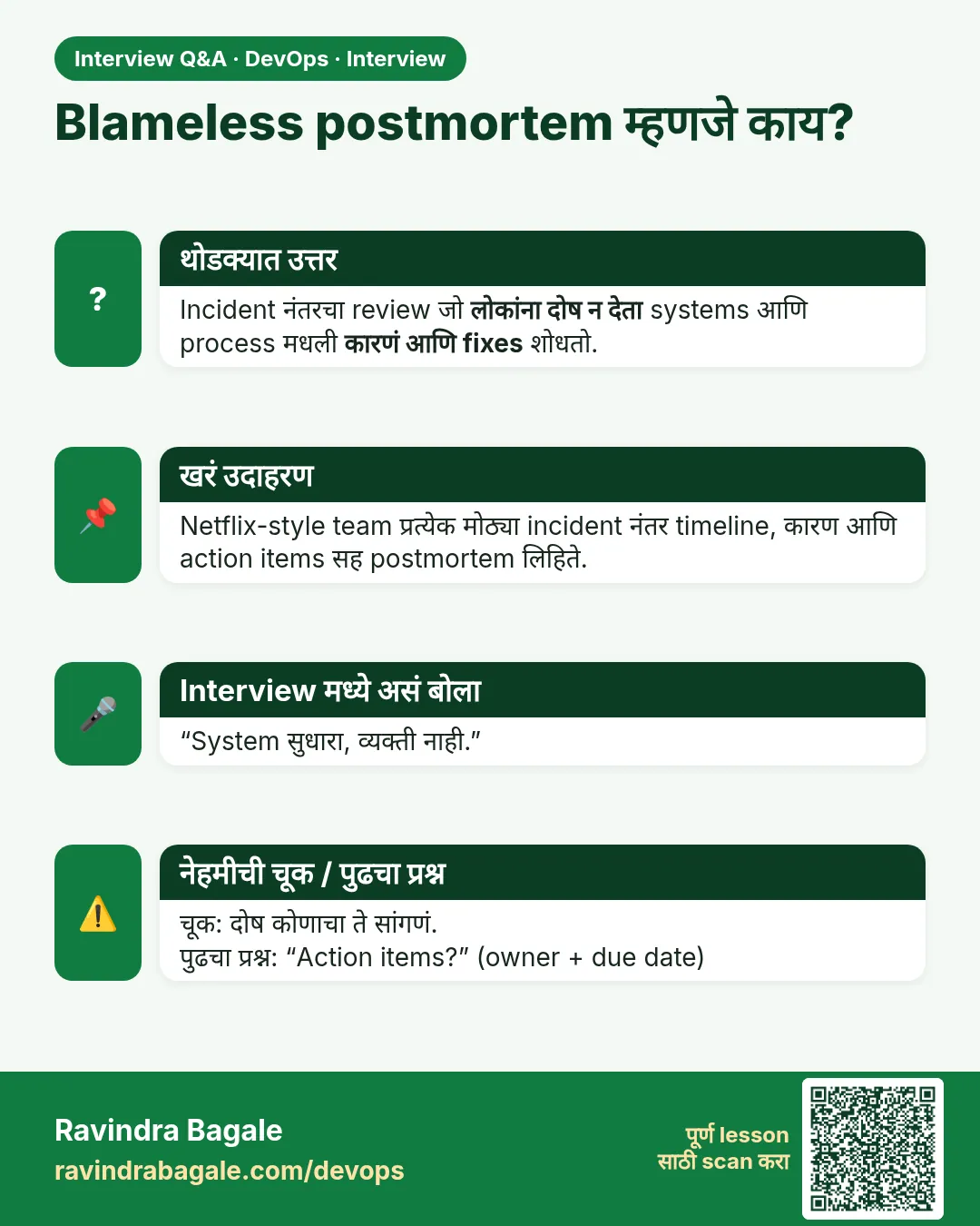 Blameless postmortem म्हणजे काय? Incident नंतरचा review जो लोकांना दोष न देता systems आणि process मधली कारणं आणि fixes शोधतो.