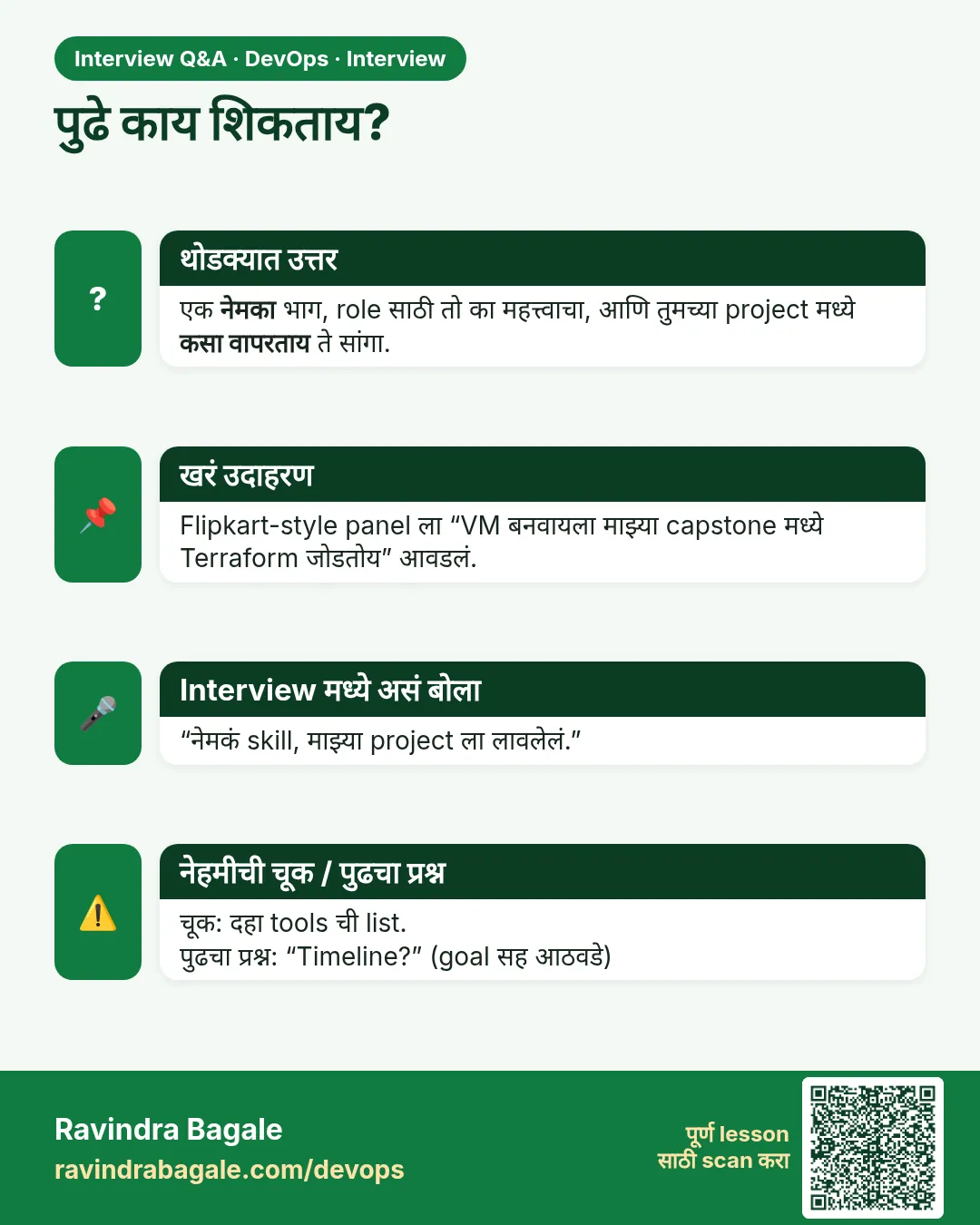 पुढे काय शिकताय? एक नेमका भाग, role साठी तो का महत्त्वाचा, आणि तुमच्या project मध्ये कसा वापरताय ते सांगा.