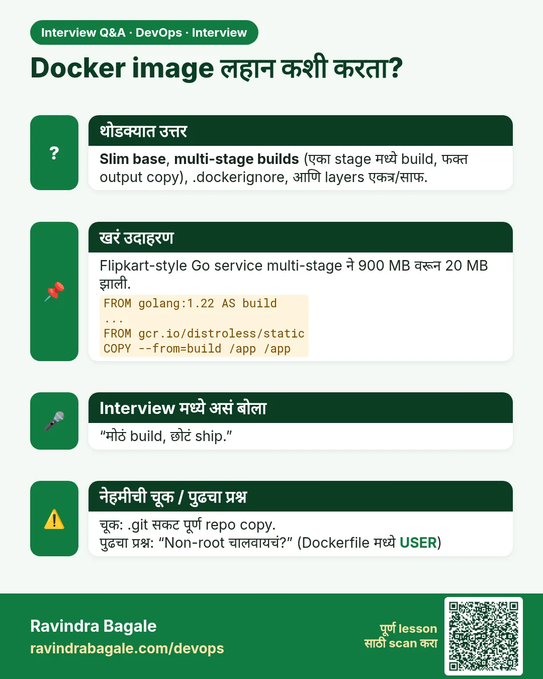 Docker image लहान कशी करता? Slim base, multi-stage builds (एका stage मध्ये build, फक्त output copy), .dockerignore, आणि layers एकत्र/साफ.