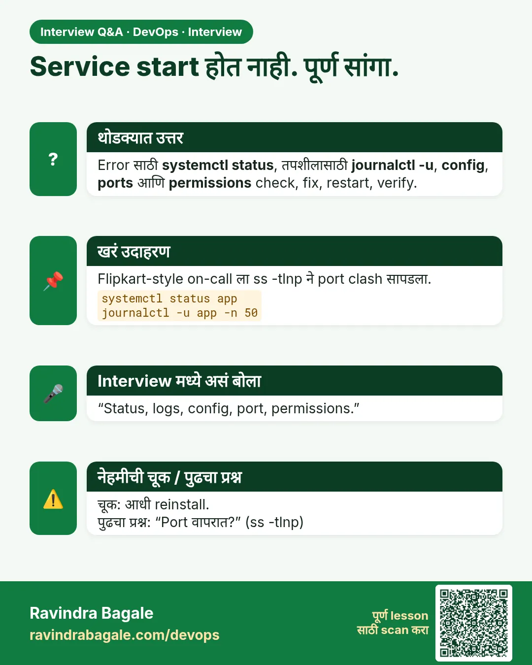 Service start होत नाही. पूर्ण सांगा. Error साठी systemctl status, तपशीलासाठी journalctl -u, config, ports आणि permissions check, fix, restart, verify.