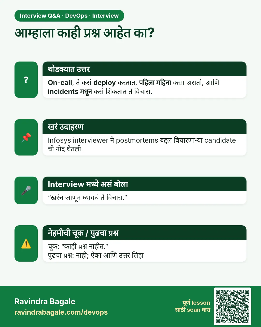 आम्हाला काही प्रश्न आहेत का? On-call, ते कसं deploy करतात, पहिला महिना कसा असतो, आणि incidents मधून कसं शिकतात ते विचारा.