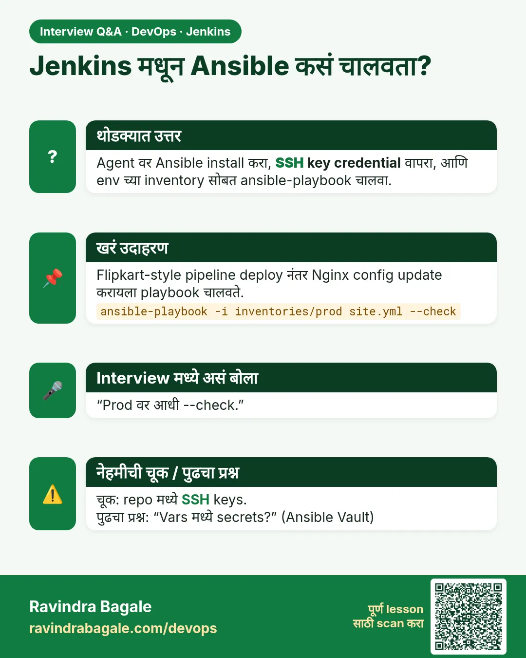 Jenkins मधून Ansible कसं चालवता? Agent वर Ansible install करा, SSH key credential वापरा, आणि env च्या inventory सोबत ansible-playbook चालवा.