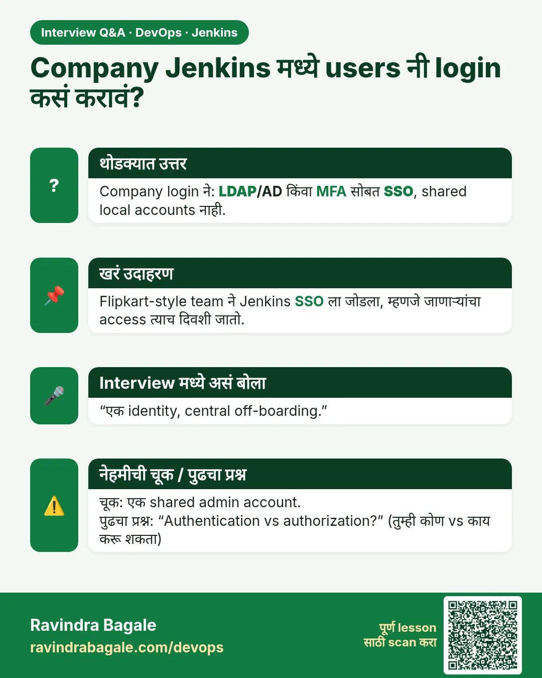Company Jenkins मध्ये users नी login कसं करावं? Company login ने: LDAP/AD किंवा MFA सोबत SSO, shared local accounts नाही.