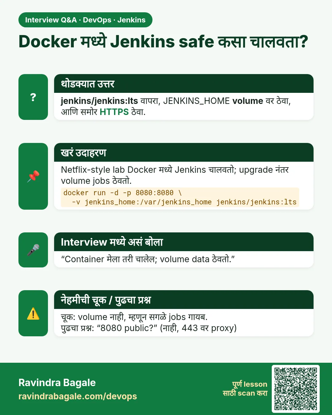 Docker मध्ये Jenkins safe कसा चालवता? jenkins/jenkins:lts वापरा, JENKINS_HOME volume वर ठेवा, आणि समोर HTTPS ठेवा.