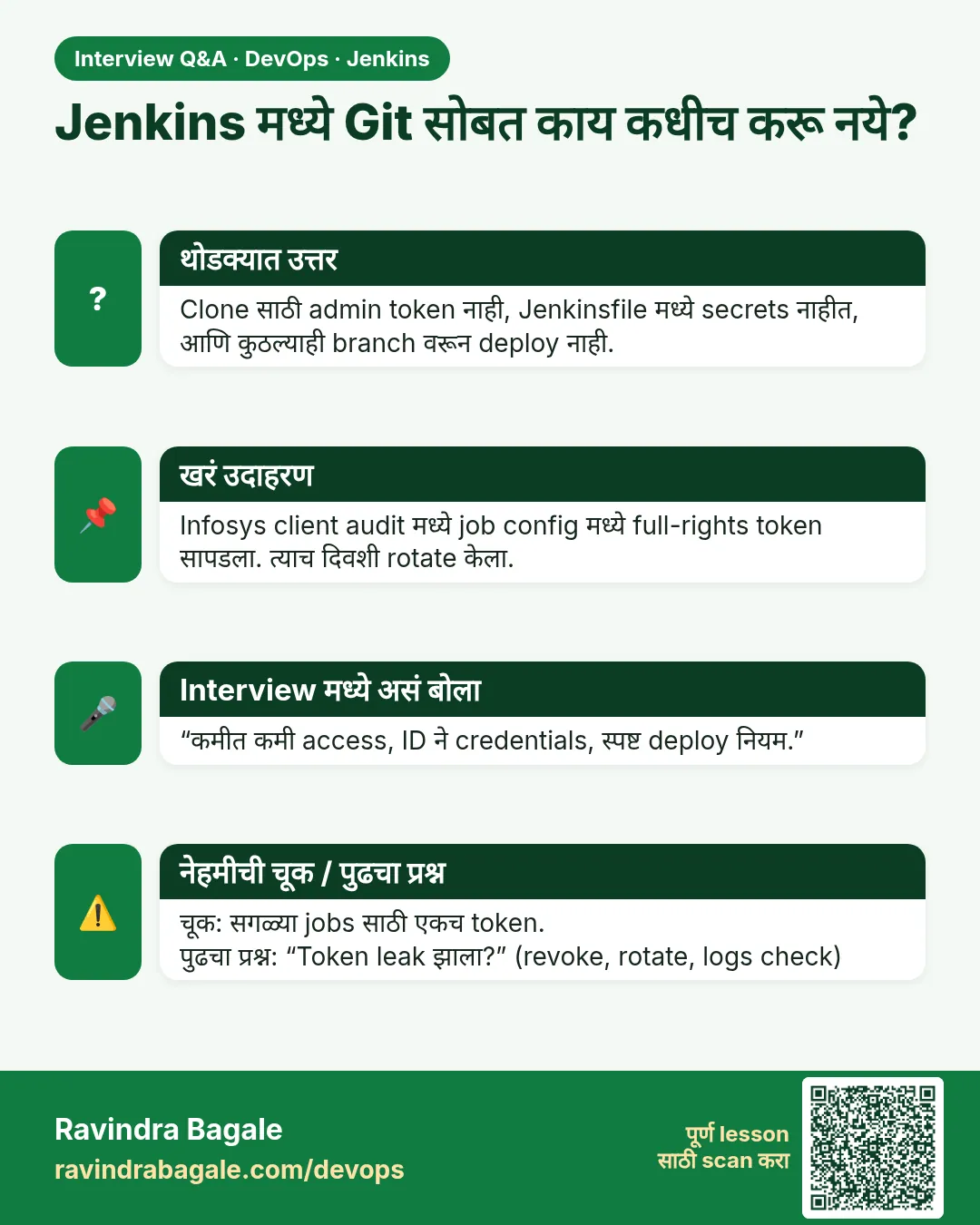 Jenkins मध्ये Git सोबत काय कधीच करू नये? Clone साठी admin token नाही, Jenkinsfile मध्ये secrets नाहीत, आणि कुठल्याही branch वरून deploy नाही.