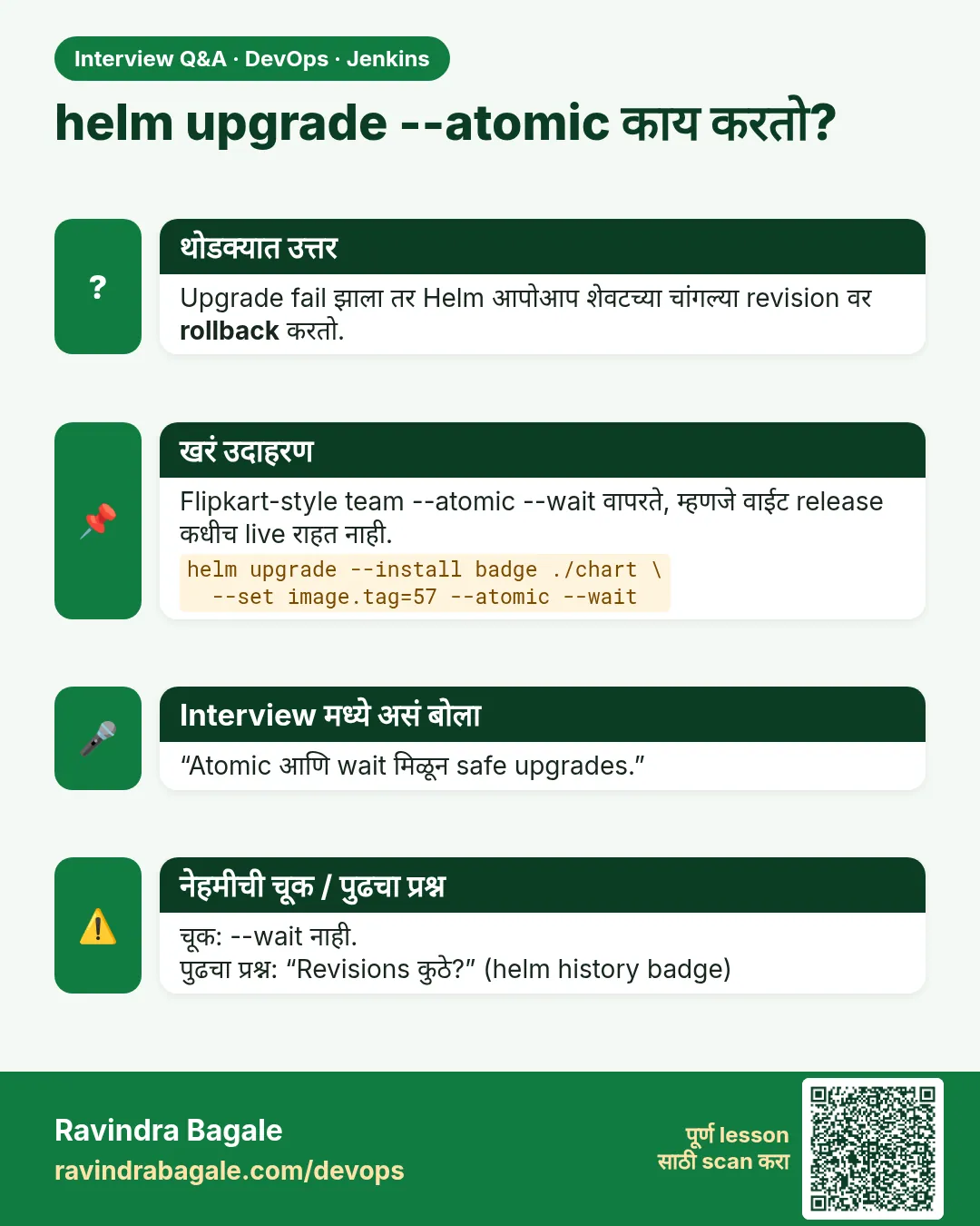 helm upgrade --atomic काय करतो? Upgrade fail झाला तर Helm आपोआप शेवटच्या चांगल्या revision वर rollback करतो.