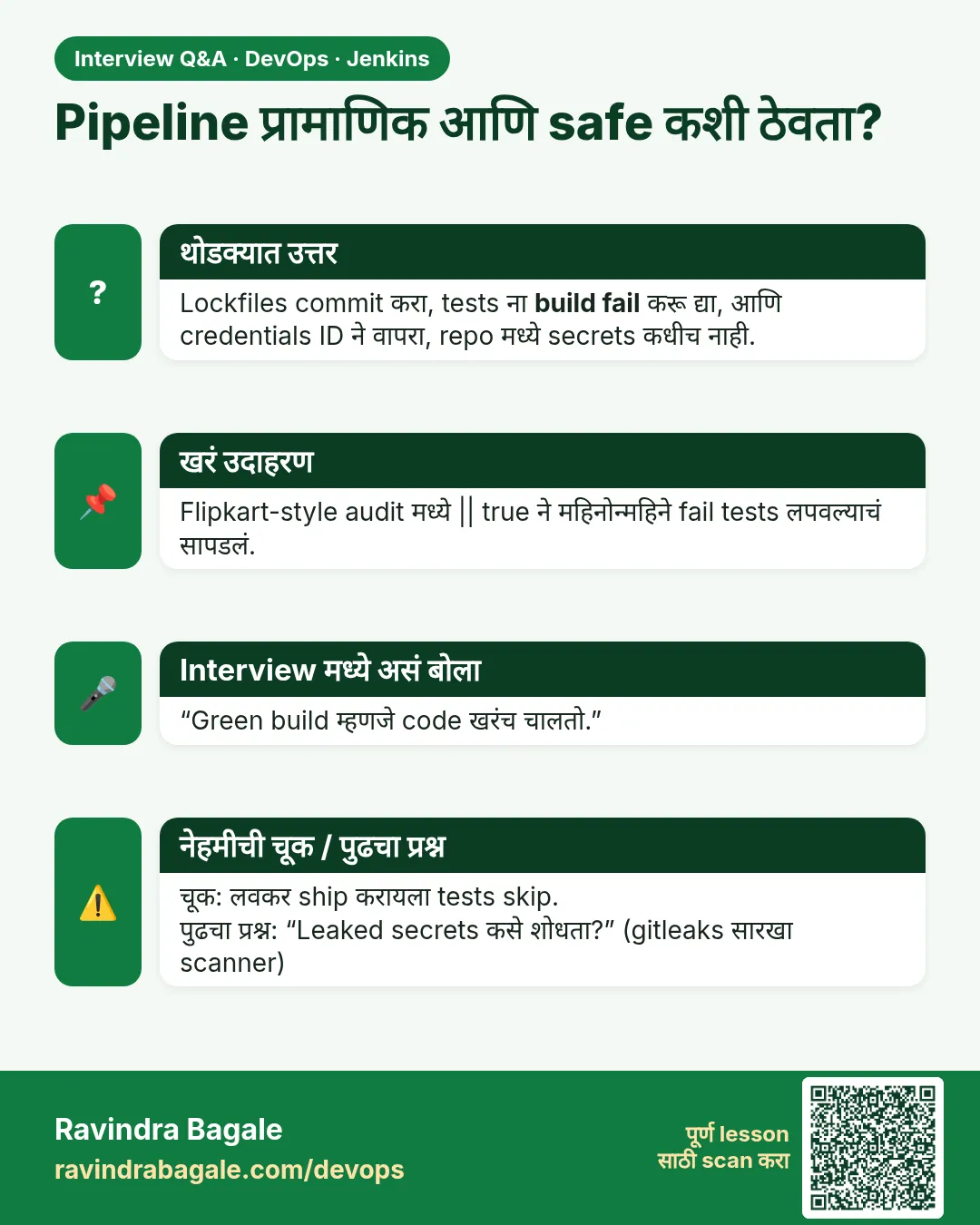 Pipeline प्रामाणिक आणि safe कशी ठेवता? Lockfiles commit करा, tests ना build fail करू द्या, आणि credentials ID ने वापरा, repo मध्ये secrets कधीच नाही.