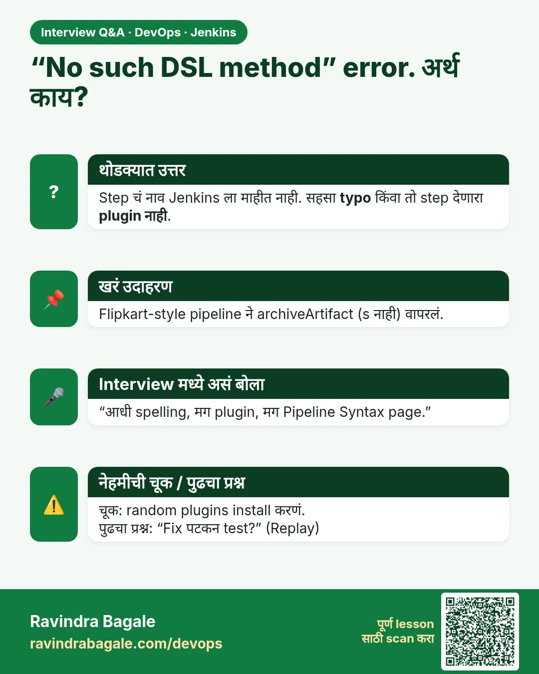 “No such DSL method” error. अर्थ काय? Step चं नाव Jenkins ला माहीत नाही. सहसा typo किंवा तो step देणारा plugin नाही.