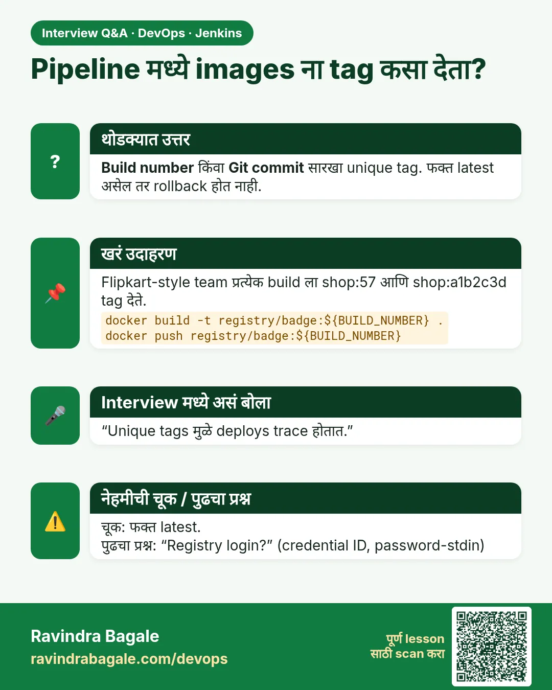 Pipeline मध्ये images ना tag कसा देता? Build number किंवा Git commit सारखा unique tag. फक्त latest असेल तर rollback होत नाही.