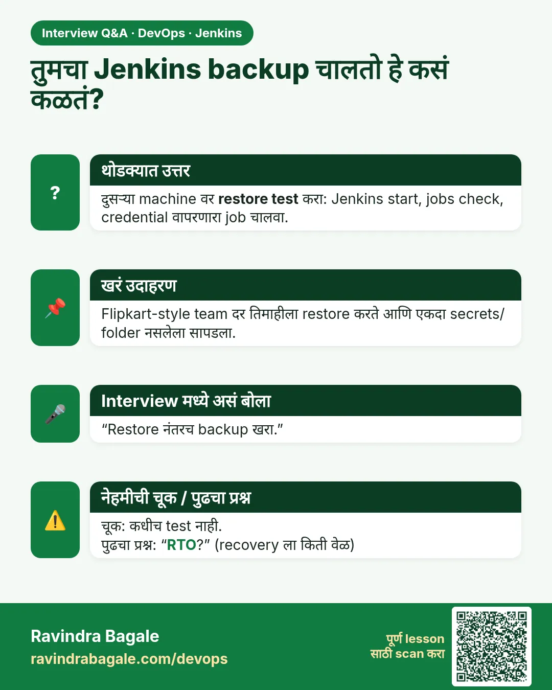 तुमचा Jenkins backup चालतो हे कसं कळतं? दुसऱ्या machine वर restore test करा: Jenkins start, jobs check, credential वापरणारा job चालवा.