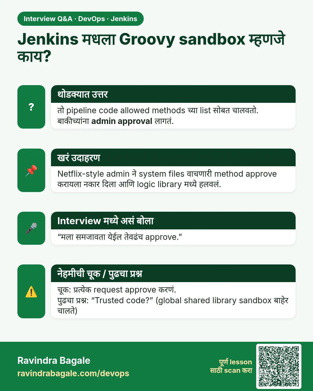 Jenkins मधला Groovy sandbox म्हणजे काय? तो pipeline code allowed methods च्या list सोबत चालवतो. बाकीच्यांना admin approval लागतं.