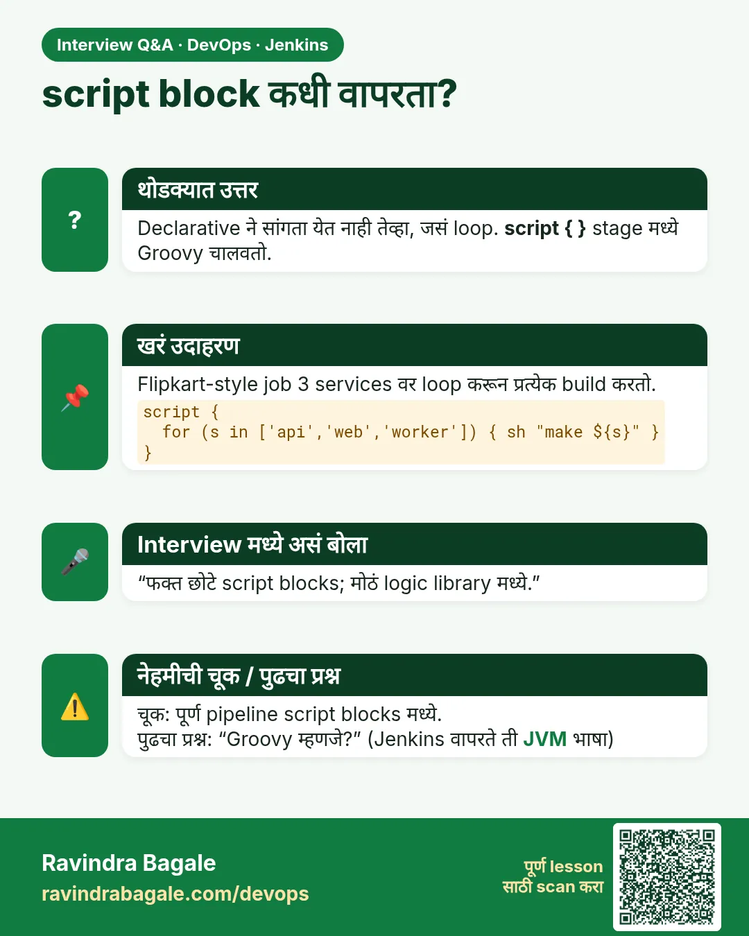 script block कधी वापरता? Declarative ने सांगता येत नाही तेव्हा, जसं loop. script { } stage मध्ये Groovy चालवतो.