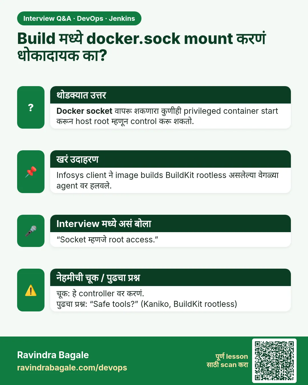 Build मध्ये docker.sock mount करणं धोकादायक का? Docker socket वापरू शकणारा कुणीही privileged container start करून host root म्हणून control करू शकतो.