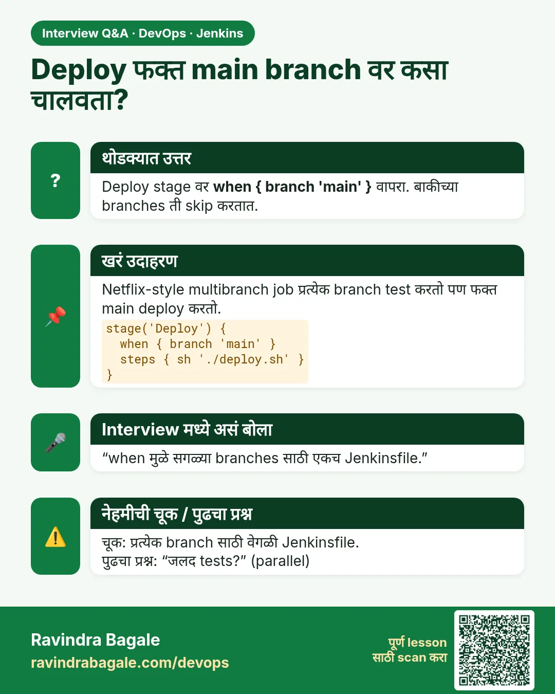 Deploy फक्त main branch वर कसा चालवता? Deploy stage वर when { branch 'main' } वापरा. बाकीच्या branches ती skip करतात.