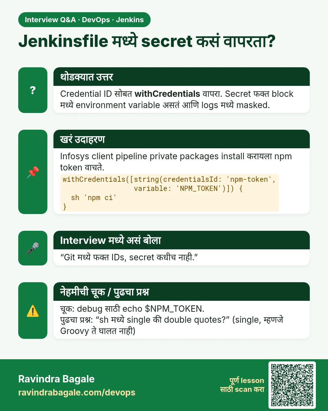 Jenkinsfile मध्ये secret कसं वापरता? Credential ID सोबत withCredentials वापरा. Secret फक्त block मध्ये environment variable असतं आणि logs मध्ये masked.