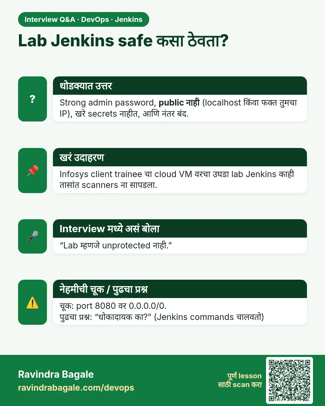 Lab Jenkins safe कसा ठेवता? Strong admin password, public नाही (localhost किंवा फक्त तुमचा IP), खरे secrets नाहीत, आणि नंतर बंद.