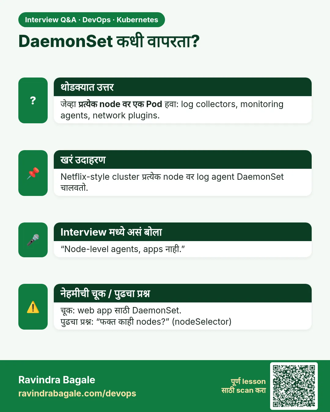 DaemonSet कधी वापरता? जेव्हा प्रत्येक node वर एक Pod हवा: log collectors, monitoring agents, network plugins.