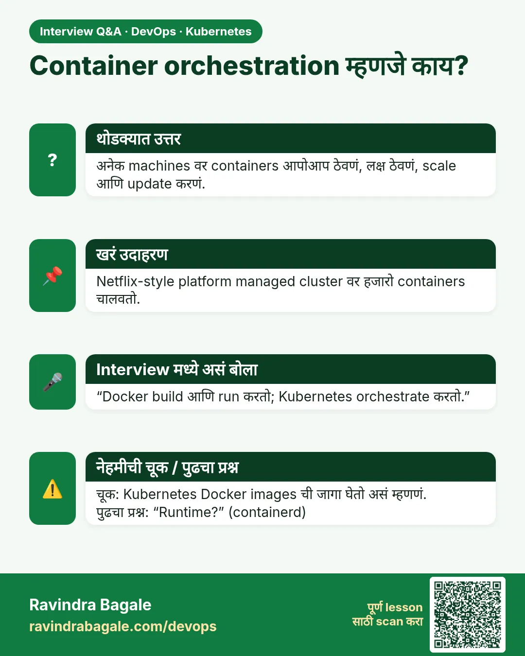 Container orchestration म्हणजे काय? अनेक machines वर containers आपोआप ठेवणं, लक्ष ठेवणं, scale आणि update करणं.
