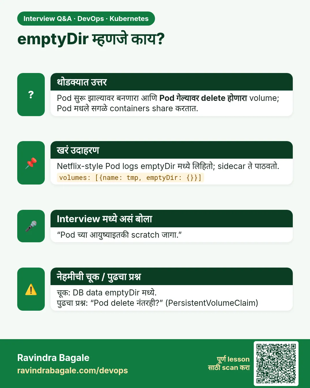 emptyDir म्हणजे काय? Pod सुरू झाल्यावर बनणारा आणि Pod गेल्यावर delete होणारा volume; Pod मधले सगळे containers share करतात.