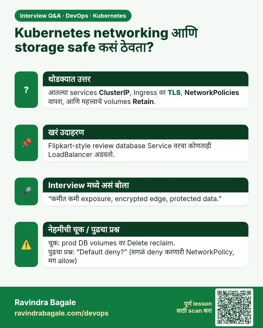 Kubernetes networking आणि storage safe कसं ठेवता? आतल्या services ClusterIP, Ingress वर TLS, NetworkPolicies वापरा, आणि महत्त्वाचे volumes Retain.