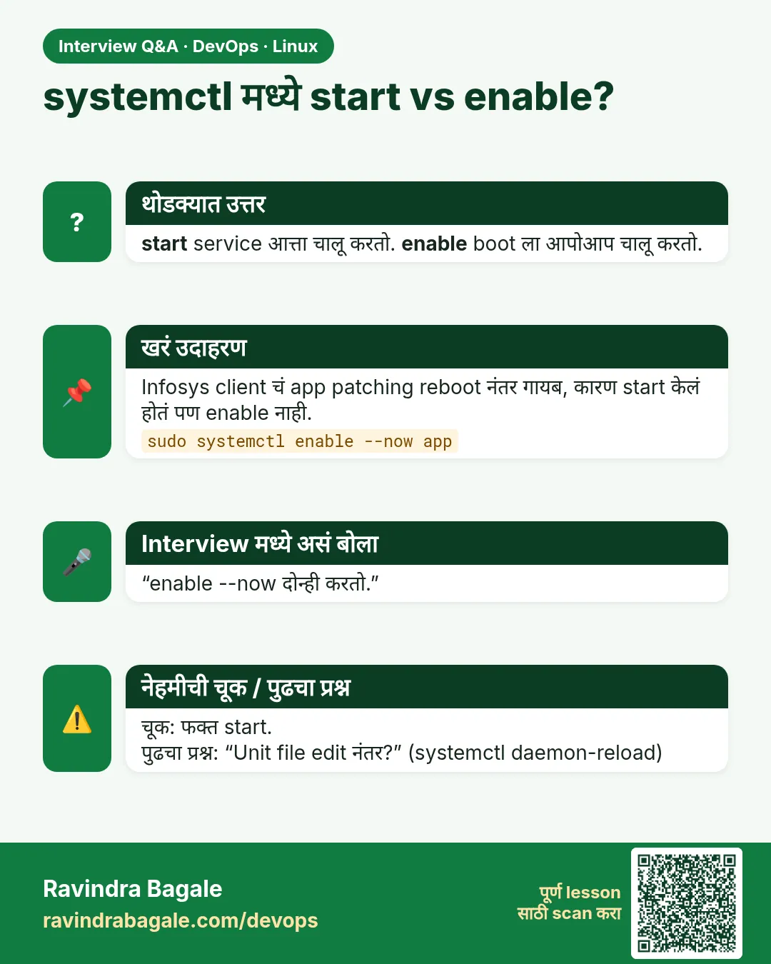 systemctl मध्ये start vs enable? start service आत्ता चालू करतो. enable boot ला आपोआप चालू करतो.