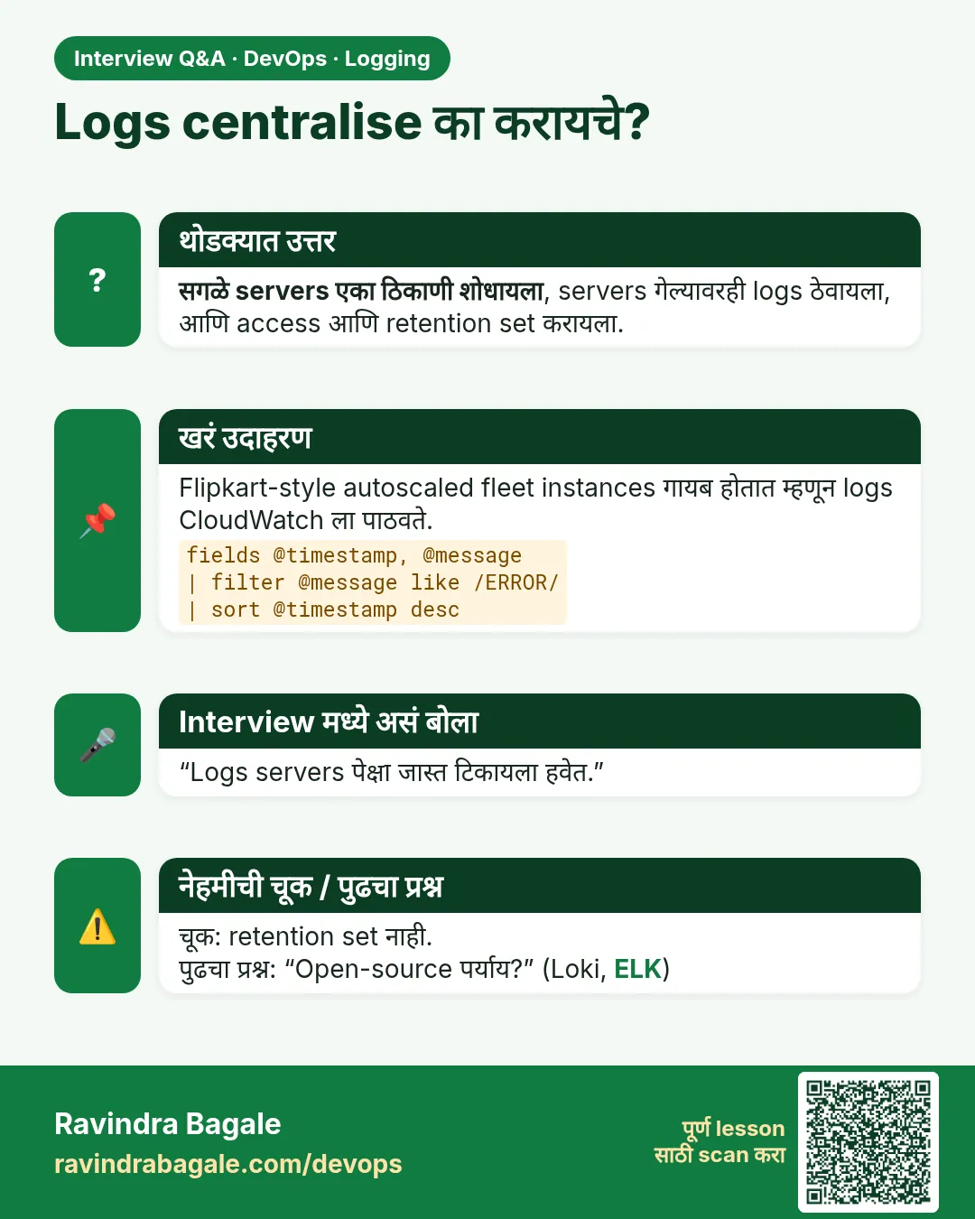 Logs centralise का करायचे? सगळे servers एका ठिकाणी शोधायला, servers गेल्यावरही logs ठेवायला, आणि access आणि retention set करायला.